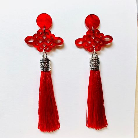 Cheap Elegant Red Tassel Earrings, Cheap Red Jewelry For New Year, Red Artsy Earrings, Luxury Red Danglers As Gift, Elegant Red Tassel Earrings, Chinese Earrings Gold, Lanturn Earrings, Kazuha Earrings, Childe Earring