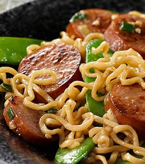 Graduate a dorm-room classic into a delicious ramen stir-fry with turkey sausage! Ditch the seasoning packet to create your own Sausage & Ramen Stir-Fry. Sausage Ramen, Ramen Stir Fry, Fried Sausage, Ramen Noodle Soup, Ramen Noodle Recipes, Sesame Dressing, Beef Sausage, Snow Peas, Ramen Recipes