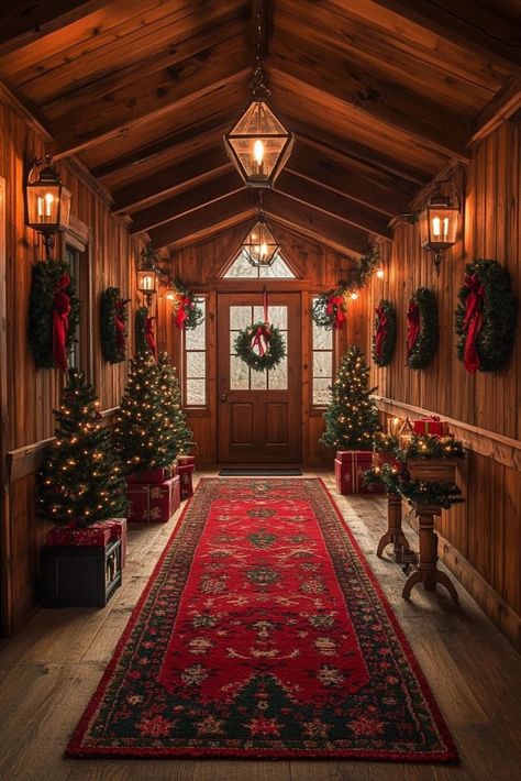 Cabin Christmas Decor Rustic, Christmas Cabin In The Woods, Christmas Log Cabin, Cozy Cabin Christmas, Dope Female Tattoos, Cabin Lifestyle, Hallway Doors, Green Runner Rug, Hallway Decorating Ideas