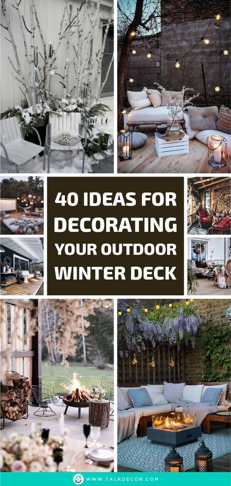 Let's talk about the detailed things that you can add to your deck to give you comfort during winter. For the facilities, it can't be doubted that winter need something to warm you body like fireplace or fire pit. However, you should be careful with the design because the deck is made of wood that can be burn easily. Just don't waste your time and check the following images for your inspiration. #outdoorwinterdeckdecoration #outdoorwinterdecor Winter Outdoor Bench Decor, Winter Outdoor Space, Winter Outdoor Seating Area, Decorating Deck For Christmas, Winter Fire Pit Ideas, Winter Outdoor Patio Ideas, Christmas Deck Decorations, Winter Deck Decorating Ideas, Patio Winter Decor