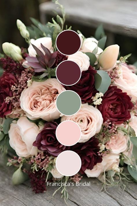 Bridal Party Colours Color Schemes, Wedding Colors For Each Season, Berry Color Themed Wedding, Dark Wedding Colors Colour Palettes, Outdoor Wedding Colour Schemes, Spring Color For Wedding, Sage And Berry Color Schemes, Wedding Colors With Dusty Blue, Cream And Mauve Wedding