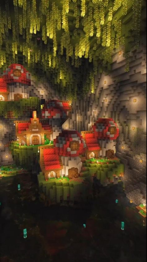 Credit: charliecustard_builds Aesthetic Minecraft Cave Builds, Minecraft Ceiling Design Ideas, Enchanted Cave Minecraft, Minecraft Mushroom House Interior, Lush Cave Village Minecraft, Lush Minecraft Builds, Minecraft Cave Aesthetic, Minecraft Cave Base Ideas Aesthetic, Minecraft Mushroom Cave