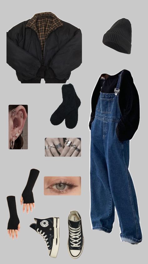 Overalls black sweater black beanie black jacket black fingerless gloves silver earrings silver rings black socks black high top converse light brown eye liner outfit Fingerless Gloves Outfit, Lumberjack Outfit, Gloves Outfit, Black Fingerless Gloves, Overalls Black, Black High Top Converse, Black Beanie, Lumberjack, Black Sweater