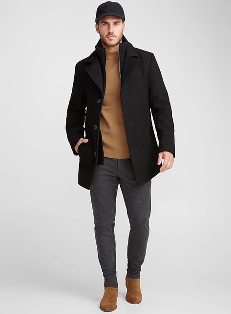 Mens Short Coat, Black Coat Men Outfit, Black Peacoat Outfit Men, Black Overcoat Men Outfit, Black Overcoat Men, Mens Pea Coat Outfits, Coat Outfit Short, Black Coat Outfit Men, Mens Layering Outfits