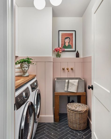 Pink Laundry Rooms, Grey Laundry Rooms, Laundry Room Wall Art, Pink White Flowers, Style Me Pretty Living, Dream Laundry Room, Mudroom Laundry Room, Laundry Room Renovation, Shiplap Wall