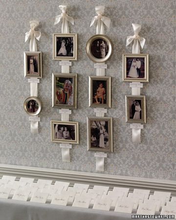 lovely - family photo wall w satin ribbons Windows Repurposed, Old Wedding Photos, Wedding Photo Display, Tricia Guild, Family Wedding Photos, Family Photo Wall, Family Trees, Deer Art, Ideas Family