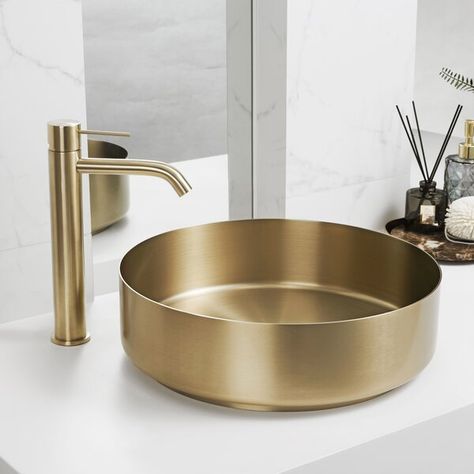 Gold Vessel Sink, Bathroom Sink Size, Gold Sink, Sink Dimension, Metal Sink, Console Sinks, Powder Room Design, Vessel Bathroom Sink, Bathroom Update