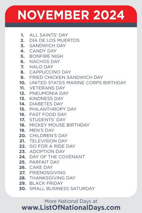 A printable list of national days for November 2024 November Special Days, November List Things To Do, November Event Ideas, November National Days 2024, November Checklist, November Celebrations, November Thankful Challenge 30 Day, National Days Calendar 2024, November List