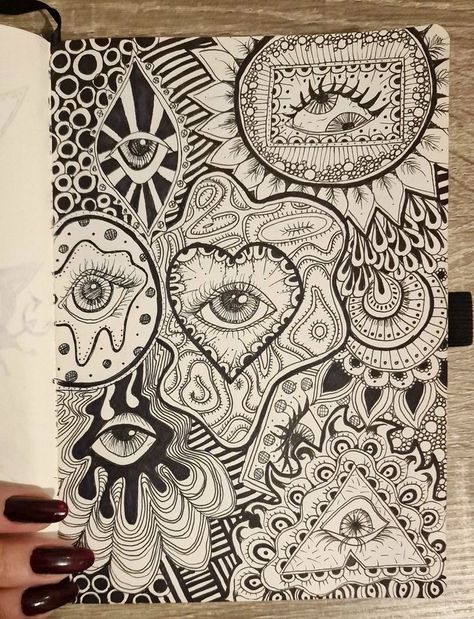 Simple Psychadelic Art, Art Backrounds Ideas, Background Drawing Ideas Patterns, Creepy Eye Drawing, Eye Zentangle, Collage Drawing Ideas, Zentagle Drawing Ideas, Cool Drawings Trippy, Trippy Drawings