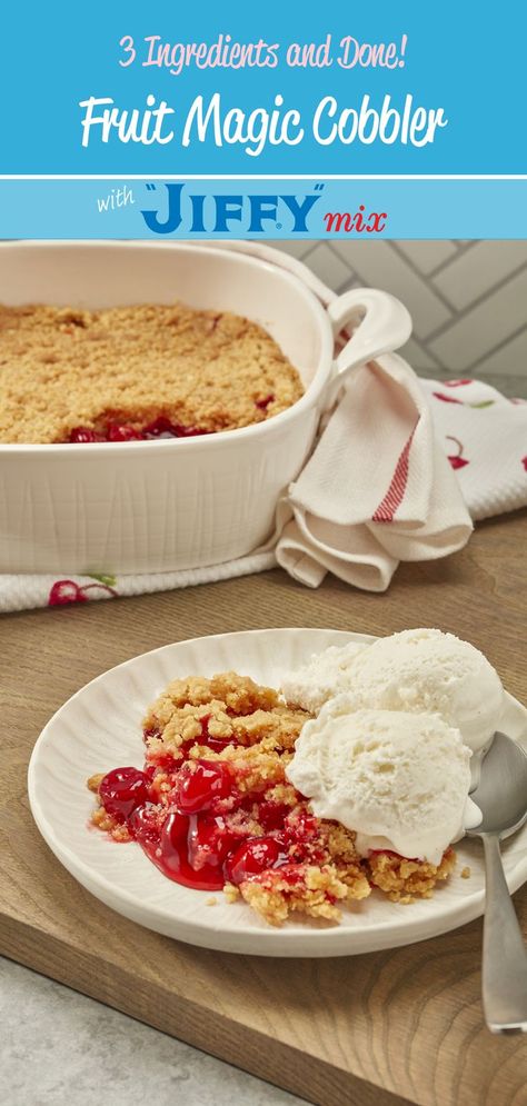 Fruit Magic Cobbler made with “JIFFY” Golden Yellow Cake Mix is easy to make and quite delicious. Just 3 ingredients and done! Share your favorite cobbler flavor with us by using the hashtag #HowDoYouJIFFY Magic Cobbler Recipe, Fruit Magic, Jiffy Mix Recipes, Fruit Cobbler Recipe, Jiffy Recipes, Cake Mix Cobbler, Jiffy Cornbread Recipes, Yellow Cake Mix Recipes, Baking Mix Recipes