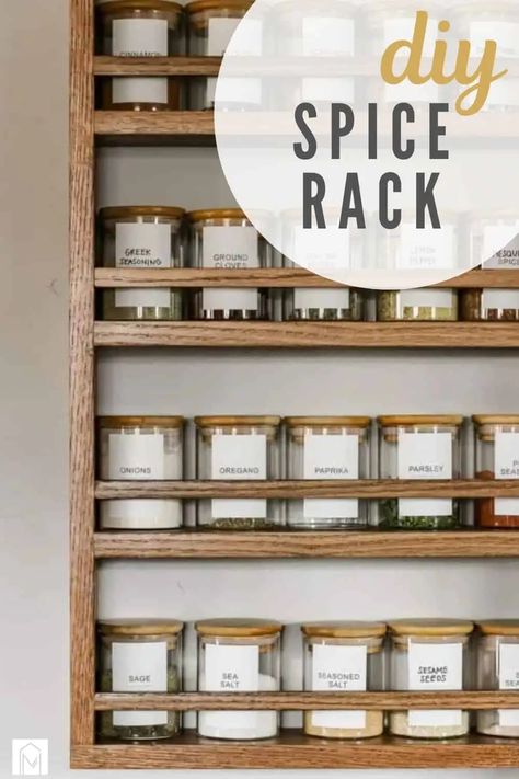 Don't settle for a messy spice drawer or cabinet! Build your own spice rack and enjoy a beautifully organized kitchen space. This DIY spice rack hangs on the wall. Diy Wall Spice Rack, Spice Shelf Ideas, Farmhouse Spice Rack Ideas, Wall Spice Rack Ideas Diy, Spice Rack Diy, Spice Rack Ideas Diy, Spice Rack Plans, Hanging Spice Rack, Wall Spice Rack