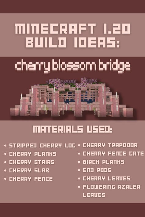 Minecraft Blossom Town, Minecraft Designs Cherry Blossom, Minecraft Cherry Blossom Torii Gate, Minecraft Cherry Blossom Bridge Ideas, Minecraft New Update 1.20, Cute Cherry Minecraft House, Minecraft Cherry Blossom Coordinates, Sky Bridge Minecraft, Minecraft 1.20 Update