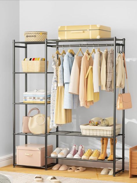 #ClosetOrganization #WardrobeOrganizer #HomeStorage #SpaceSaving #PortableOrganizer #Neprock #ClosetSolution #HomeDecor #StorageIdeas #EasyAssembly  Keep your closet neat and organized with Portable Wardrobe Organizers. The perfect blend of style, function, and convenience! Portable Clothing Rack, Standing Closet, 4 Tier Shelf, Free Standing Closet, No Closet Solutions, Portable Wardrobe, Portable Closet, Closet Organizing Systems, Bedroom Black