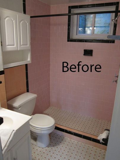 This was the before picture of a bathroom renovation on Apartment Therapy. The thing is, I like the before picture best. With the pink and black, all you would need to do is paint the cabinet black and add a few other touches, and you would have a pretty pink goth bathroom. Black Tiled Bathroom, Goth Bathroom, Pink Tile Bathroom, New Townhouse, Pink Bathroom Tiles, Pink And Black Bathroom, Black Tile Bathrooms, Peach Bathroom, Cottage Style Bathrooms