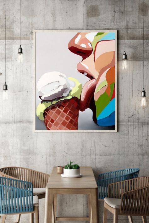 Painting Ice Cream, Coffee House Decor, Food Paintings, Pop Art Food, Colorful Art Paintings, Canvas Kitchen Wall Art, Ice Cream Art, Pop Art Drawing, Cream Art