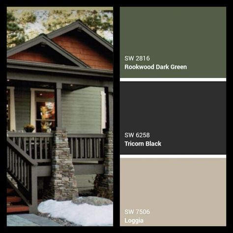 Green Color Home Exterior, Dark Green House Exterior White Windows, Green Paint For Exterior House, Exterior Mountain Home Paint Colors, Green House Grey Trim, Colors To Paint Outside Of House, Olive Color House Exterior, Exterior House Green Color Schemes, Green Cedar Siding Exterior