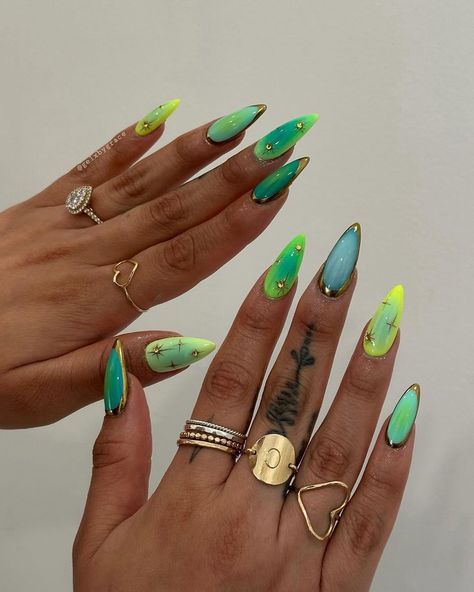 #almondnails #nailart #nailtech #nailsoftheday #nail2inspire #nailsart #nailsofinstagram #naildesign #summernails #fashion #style #summervibes #inspo Brazil Nails Design, Funky French Tip Nails, Neon Green Nails Design, Brazil Nails, Neon Manicure, Fall Nail Idea, Pool Nails, Neon Green Nails, Fall Nail Ideas