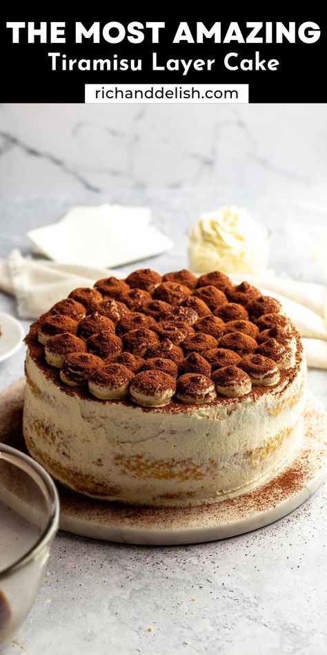 This tiramisu cake is made with genoise cake layers soaked with espresso and filled with creamy and silky mascarpone cream, then topped with plenty of cocoa powder. Tiramisu Layer Cake Recipe, Taramusue Cake, Teramasoo Cake Recipe, Tiramisu Cake Design, Tiramisu Wedding Cake, Easy Tiramisu Cake, Cake With Mascarpone Cream, Holiday Recipes Christmas Desserts, Tiramisu Recipes