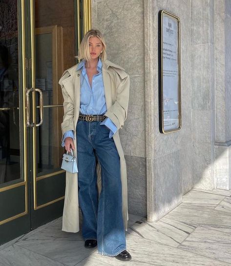 Elsa Hosk Outfits, Wide Leg Jeans Outfits, Elsa Hosk Style, Trench Coat Outfit, Romee Strijd, Elsa Hosk, Gisele Bundchen, Candice Swanepoel, Looks Street Style