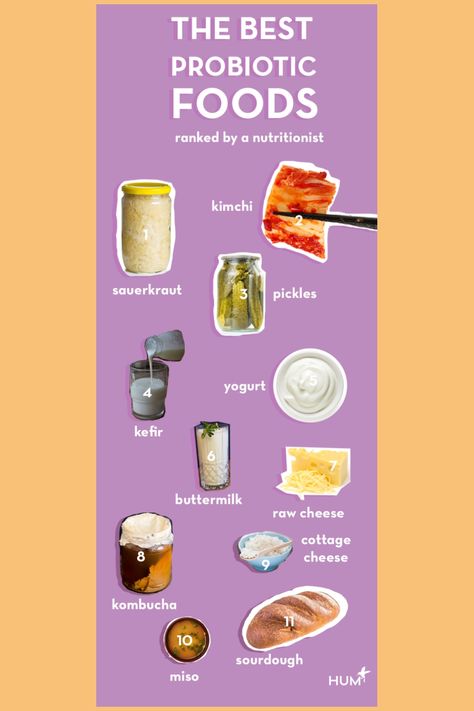 The best probiotic foods ranked by a nutritionist: sauerkraut, kimchi, pickles, kefir, yogurt, buttermilk, raw cheese, kombucha, cottage cheese, miso, sourdough. Best Probiotic Foods, Eat Natural, Leaky Gut Diet, Eating Routine, Raw Cheese, Heal Your Gut, Gut Healing Recipes, Probiotic Benefits, Gut Health Recipes