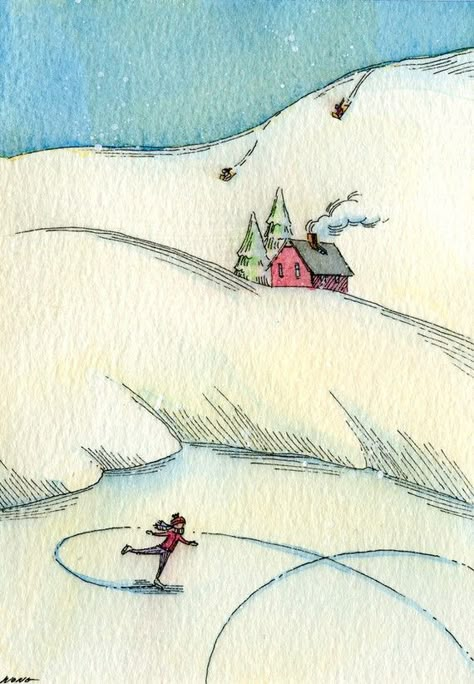 Ice Skating Christmas Card, Ice Skating Watercolor, Ice Skates Painting, Ice Skating Doodle, Ice Skates Drawing, Ice Skater Drawing, Cute Winter Drawings, Winter Season Art, Ice Skating Painting