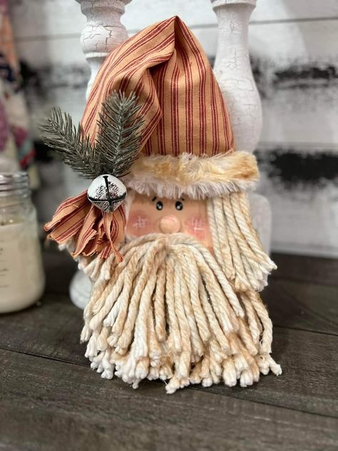 Wood Gnomes Crafts, Santa Wood Block Craft, Rustic Santa Wood, Santa Mop Head, Crafts With Mop Heads, Mop Santa Head, Santa Claus Wood Crafts, Primitive Crafts Diy Dollar Stores, Mop Head Santa Diy