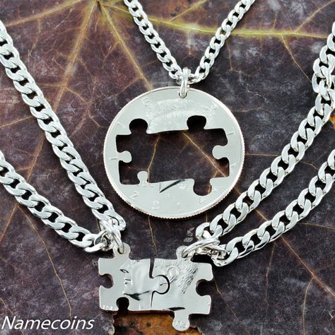 3 Best Friend or Family Necklace, puzzle pieces cut on a half dollar 3 Person Friend Group, Relationship Necklaces, Cut Coin Jewelry, 3 Best Friends, Three Necklaces, Family Jewelry, Foxes Necklace, Family Necklace, Friendship Necklaces