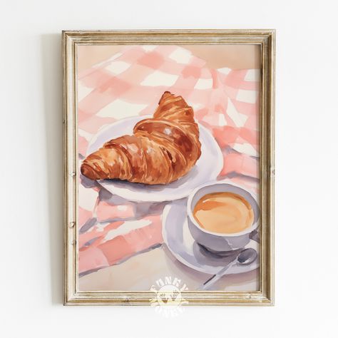 Pink Aesthetic Kitchen, Painting In Kitchen, Retro Pastel Aesthetic, Pink Apartment Aesthetic, Croissant Painting, Trendy Paintings, Pop Art Kitchen, Painting For Kitchen, Pink Apartment