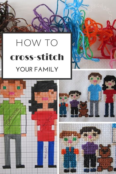 How to cross-stitch your family 600 Cross Stitch Family, Mollie Makes, Cross Stitches, Stitch Embroidery, Counted Cross Stitch Patterns, Stitch Design, Family Portrait, Cross Stitch Designs, Counted Cross Stitch