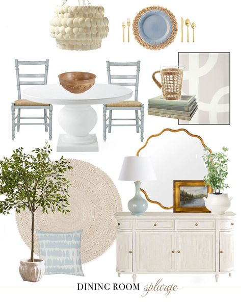 Splurge Vs. Save - Coastal Dining Room (Option 4) - Dear Lillie Studio Dining Room Coastal, Blue Velvet Sofa Living Room, Florida Home Decorating, Beach Dining Room, Coastal Modern Farmhouse, Blue Dining Room, Cottage Dining Rooms, Coastal Dining Room, Beach Dining