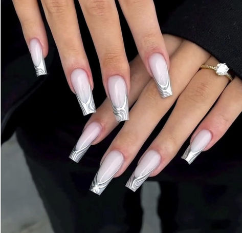 Silver French Tip Acrylic Nails, Nails Silver French Tip, Acrylic Nails Gray, Silver French Tip, Nails Gray, French Tip Acrylics, Nails With Design, Nails Ballerina, Fake Nail Tips