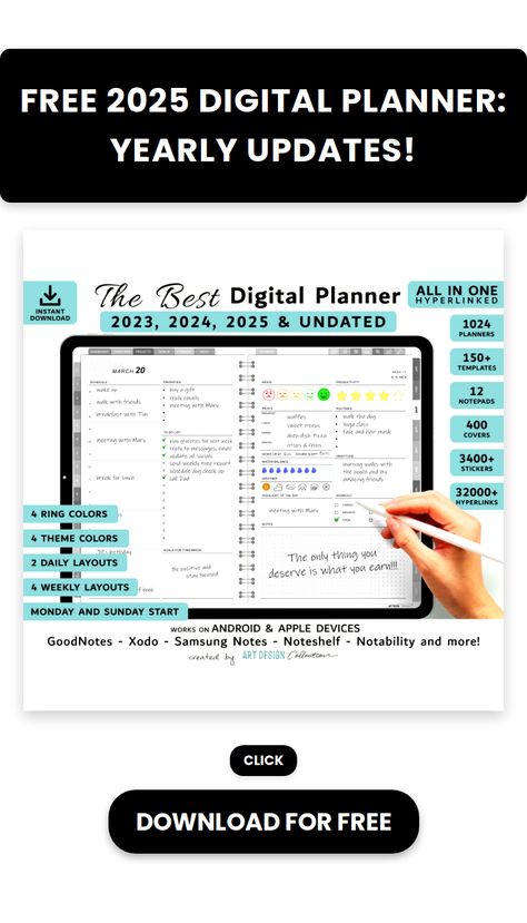 Get organized for 2025 with this FREE digital planner!  Yearly updates keep it fresh. Download now & conquer your goals! #digitalplanner #planner2025 #freebie #organization #productivity #timemanagement #digitalplanning #planneraddict Free Ipad Planner, Ipad Planner Template Free, Best Digital Planner, Ipad Planner Template, Planners For Ipad, Planner Template Free, Free Digital Planner, Daily Schedules, Explore Aesthetic