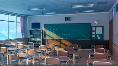 ArtStation - Anime Classroom, Anas Khalil Classroom Drawing, Anime Locations, Classroom Interior, Classroom Background, Anime Classroom, School Hallways, High School Classroom, Anime Backgrounds, School Room