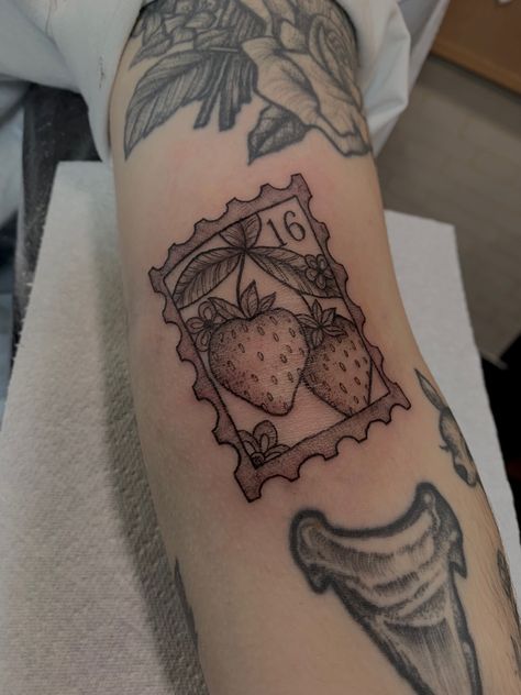 Strawberry, Stamp, Tattoo Strawberry Tattoo Thigh, Strawberry Postage Stamp Tattoo, Strawberry Jam Tattoo, Strawberry Bush Tattoo, Tattoo Ideas Strawberry, Strawberry Stamp Tattoo, Wild Strawberry Tattoo, Traditional Strawberry Tattoo, Strawberry Plant Tattoo