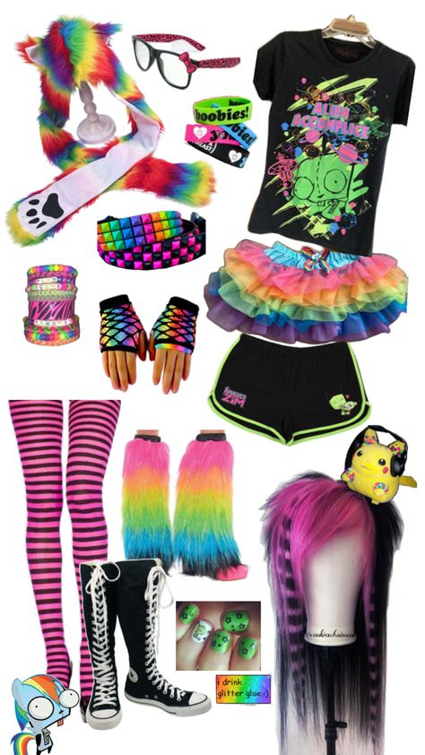 rainbow ver. because someone wanted it :3   ||   #scene #sceneoutfit #outfit #rainbow #rainbowscene #emo #rainbowemo Scenecore Clothes, Scenecore Outfit, Xmas Outfits, Scene Outfits, Birthday Fits, Alt Outfits, Rainbow Outfit, Scene Fashion, Scene Kids