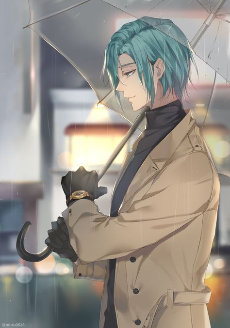 Pixiv Id 15303682 | Mystic Messenger | V An Anime, Blue Hair, Anime Character, Umbrella, Hair, Anime, Blue