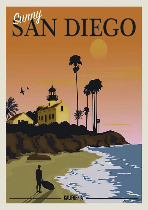 Vintage Sunny San Diego Travel Poster State Posters, San Diego Travel, Vintage California, Vintage Travel Poster, National Park Posters, A4 Poster, Photo Vintage, San Diego California, Poster Vintage