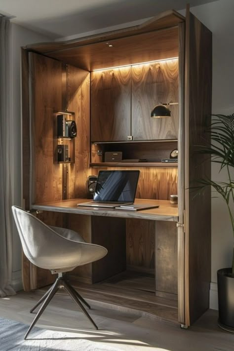 Stylish Solutions: Designing Small Spaces with Elegance — KNOF Design Hideaway Office Desk, Small Office Solutions, Compact Desk Ideas, Hidden Desk In Living Room, Hidden Office In Living Room, Hidden Office Space, Hidden Desk Ideas, Small Desk Office, Hidden Home Office