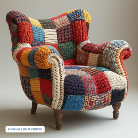 Patchwork Armchair, Planter Pedestal, Front Porch Ideas Winter, Patchwork Furniture, Front Porch Ideas For Fall, Porch Ideas For Fall, Crochet Furniture, Diy Furniture Upholstery, Decorating Front Porch