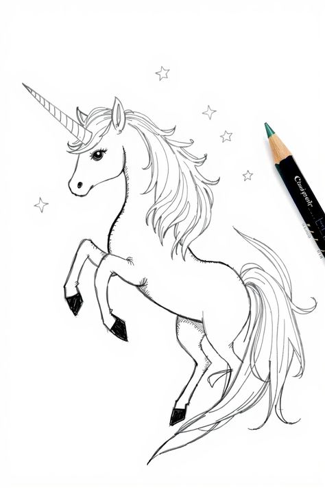 Check Out This Sketch Drawing Of A Unicorn With Stars + 12 Other Unicorn Drawing Ideas! #drawingideas #drawing How To Draw A Unicorn, Unicorn Drawing Ideas, Unicorn Drawing Sketches, Unicorn Line Art, Unicorn Art Drawing, How To Draw Unicorn, Emma Drawing, Unicorn Drawings, Unicorn Sketch