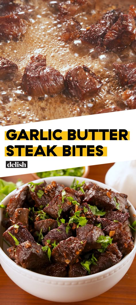 Garlic Butter Steak Bites are the easiest way to serve steak at your party. Get the recipe at Delish.com. #recipe #easy #easyrecipe #steak #appetizer #partyideas #partyfood Garlic Butter Steak Bites, Butter Steak Bites, Steak Bites Recipe, Butter Steak, Garlic Butter Steak, Steak Butter, Food Beef, Where's The Beef, Steak Bites