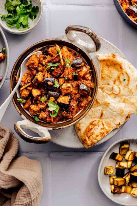 Brinjal Bhaji, Easy Healthy Air Fryer Recipes, Masala Chips, Aubergine Curry, Roasted Sweet Potato Cubes, Roasted Aubergine, Healthy Air Fryer Recipes, Homemade Naan Bread, Onion Bhaji