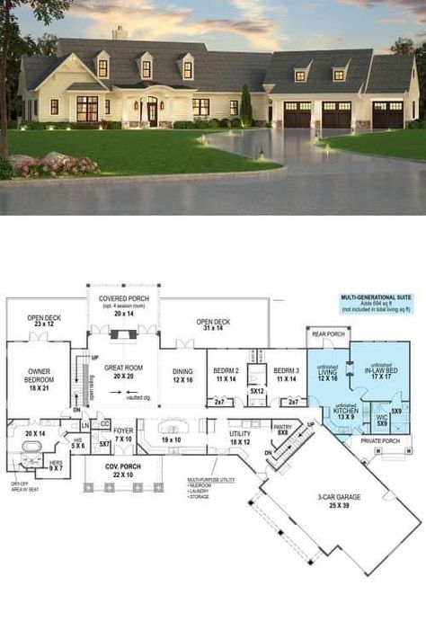 4000 Sq Ft House Plans, Attached Garage, Beautiful House Plans, House Floor, Master Closet, Modern House Plans, In Law Suite, Blue Area, House Floor Plans