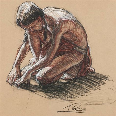 Tim Solliday - Indian Kneeling; Medium: conte on paper kp Tim Solliday, Still Life Landscape, Canyon Road, Santa Fe New Mexico, Outdoor Sculpture, Art Auction, American Art, Impressionism, Figurative