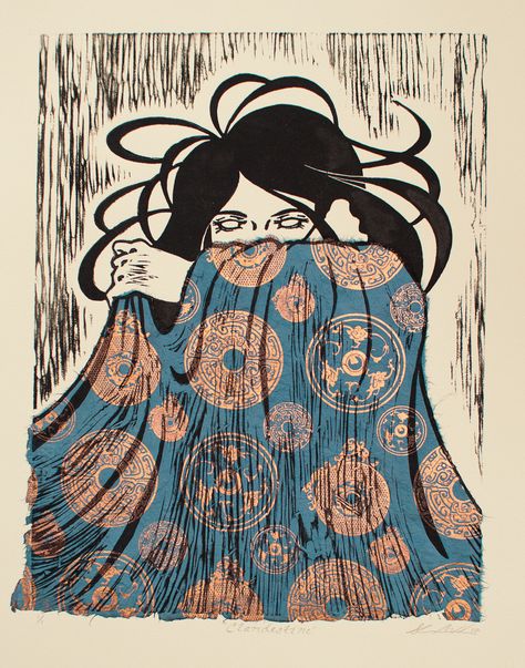 Shannon Melder ~ Clandestine — Linocut with chine colle, Blue/Copper on creme paper Chine Colle Printmaking, Intaglio Printmaking, Lino Print, Print Artist, Linocut Prints, Artsy Fartsy, Art Techniques, Linocut, Design Crafts