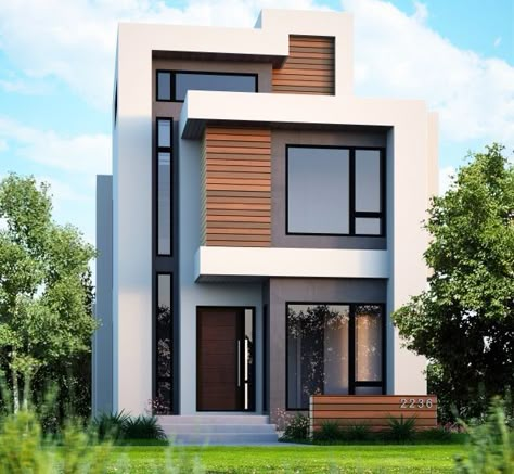 The vertical window for the stairs extenuates the vertical essences of this modern brownstone. Home Designs Exterior, Modern Residential Architecture, A Modern House, Modern Villas, Small House Elevation, Townhouse Designs, Two Story House, Narrow House, Modern House Facades