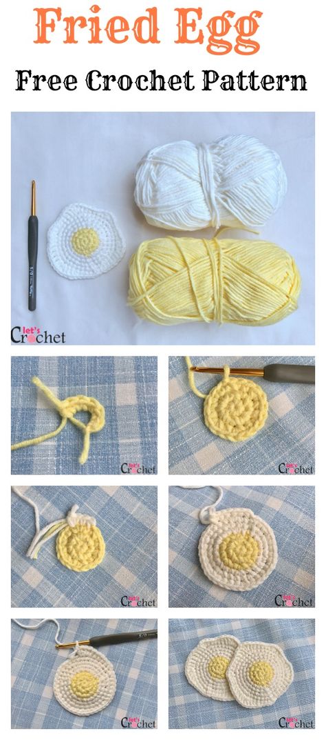 FREE Fried Egg Crochet Pattern Egg Crochet Pattern, Egg Crochet, 2024 Crochet, Crochet A Bear, Kitchen Crochet, Crocheted Toys, Crochet Fruit, Crocheting Ideas, Toy Crochet