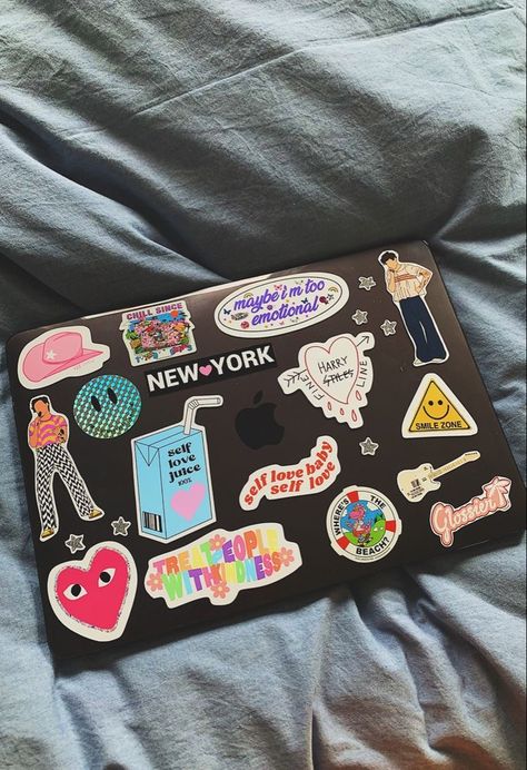 Decorating My Macbook, Stickers Macbook Aesthetic, Cute Stickers For Computers, Laptop Inspo Stickers, Chromebook Stickers Ideas, Laptop Stickers Collage Ideas, Mac With Stickers, Mac Book Stickers Ideas, Laptop Sticker Aesthetic