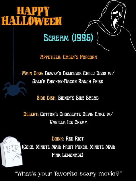 Scream Dinner And Movie, Horror Movie And Dinner, Scream Movie Dinner Ideas, Themed Dinner Nights Meal Planning, Horror Movie Menu Ideas, Horror Movie Themed Dinner, Horror Movie Themed Dinner Ideas, Scream Themed Dinner, Halloween Movie And Dinner Theme