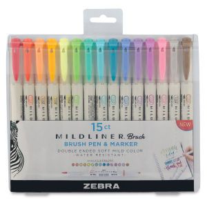 Zebra Mildliner Pens - Set of 15, Assorted Colors | BLICK Art Materials Zebra Midliners, Mildliner Highlighters, Zebra Mildliner, Calligraphy Drawing, Stationary Supplies, Brush Markers, Lettering Calligraphy, Stationary School, Cute Pens